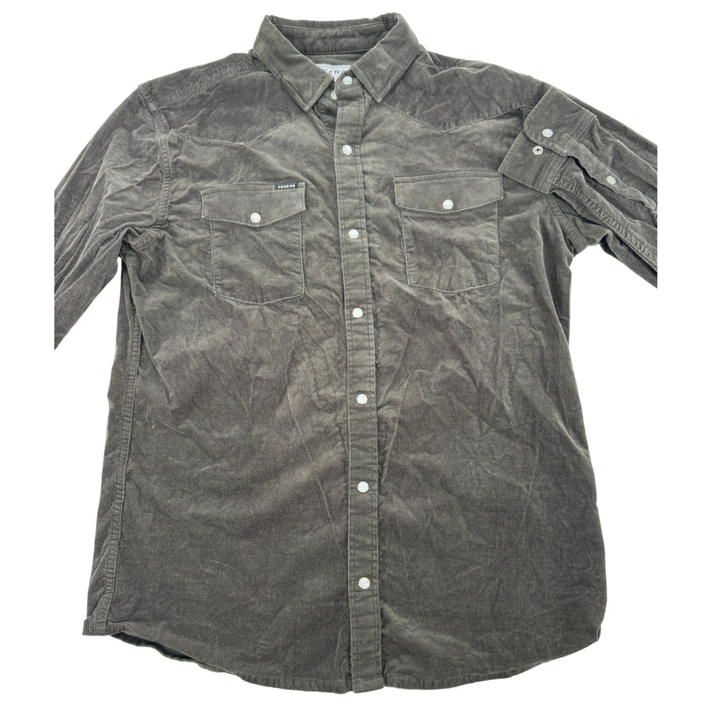 Poncho Corduroy Western Shirt Mens L Slim Fit Brown Pearl Snap Stretch Outdoor